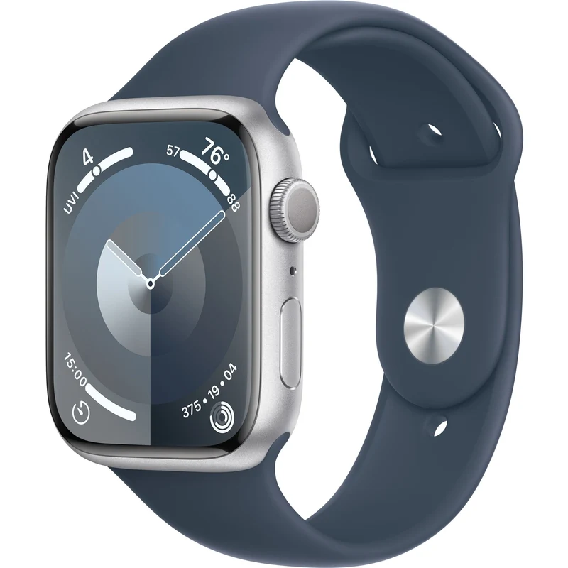 Apple Watch Series 9 (GPS) 45 mm Silver Aluminum Case with Storm Blue Sport Band, M/L