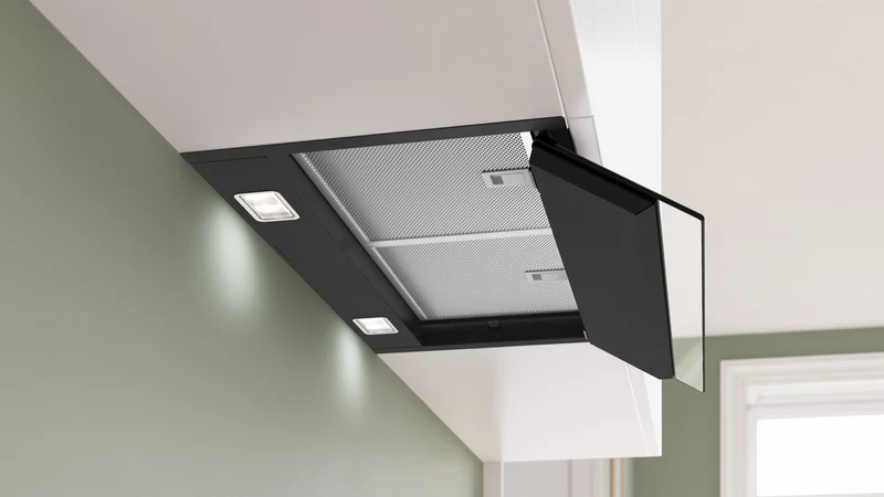 Bosch Series 6, 60cm Integrated Rangehood, Clear Glass Black Printed, Matt Black
