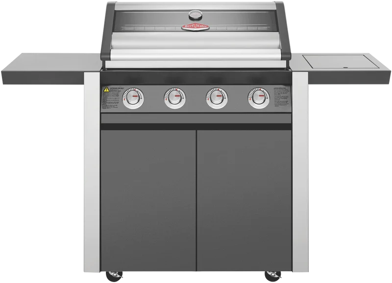BeefEater 1600 Series Dark 4 Burner BBQ & Trolley w/ Side Burner, Cast Iron Burners & Grills