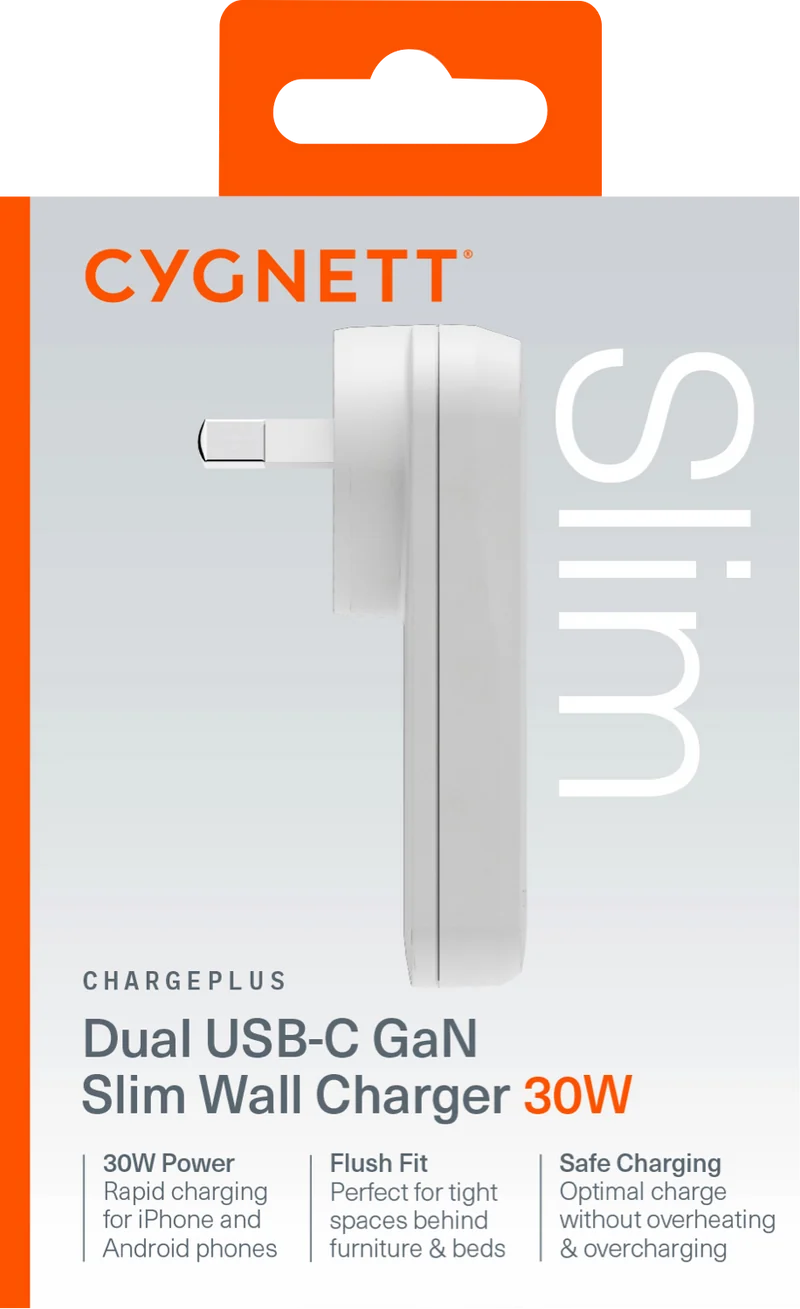 Cygnett ChargePlus Dual USB-C Slim Wall Charger 30W AU - White