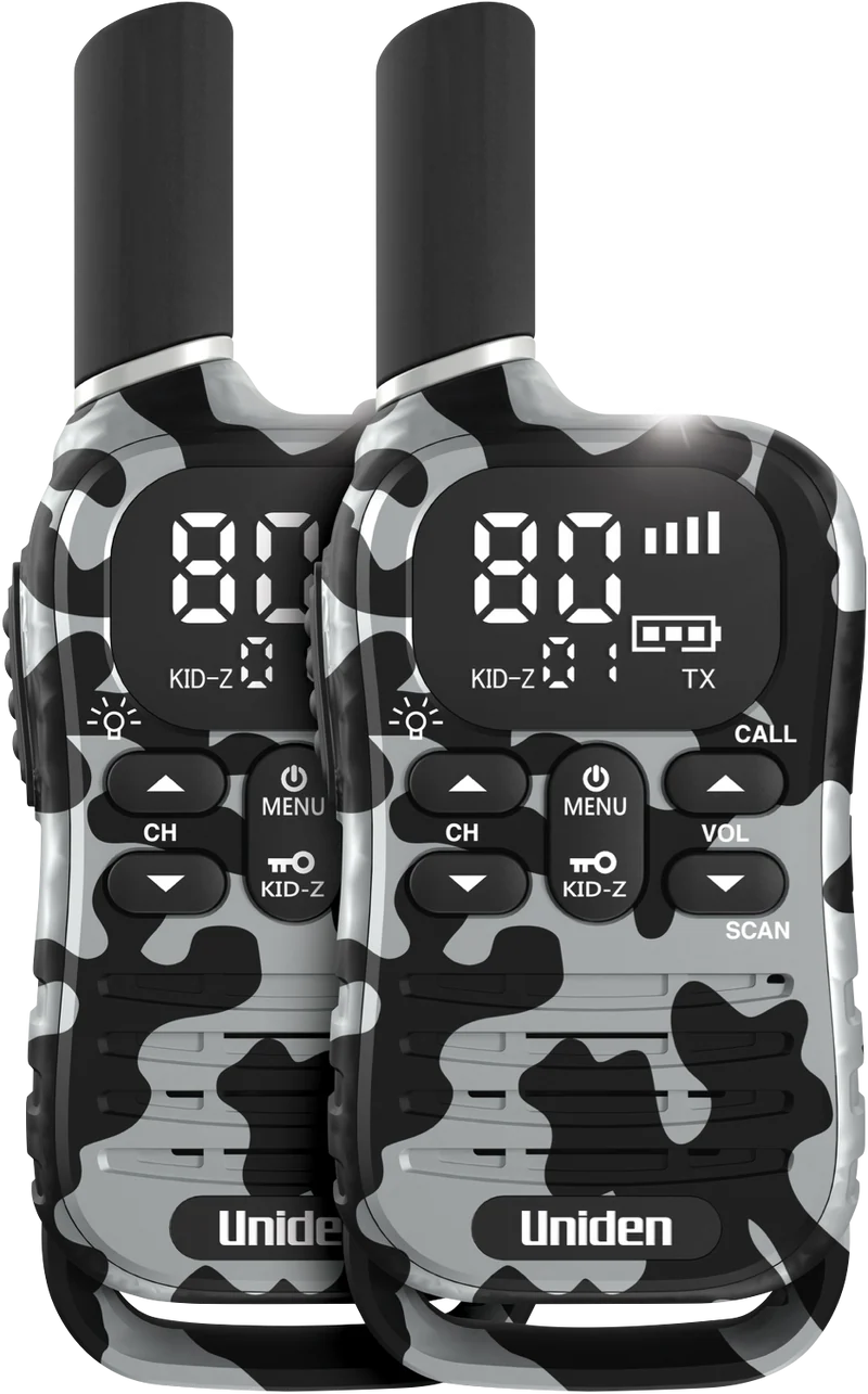 Uniden 80 Channel UHF Radio With Kid Zone USB-C Charging Camo Grey Twin Pack