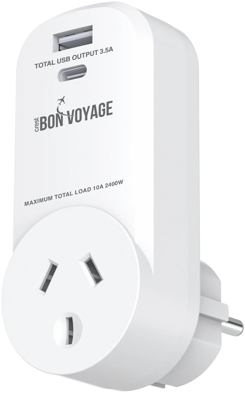 Bon Voyage Travel Adaptor AU to EU (2 USB Ports)