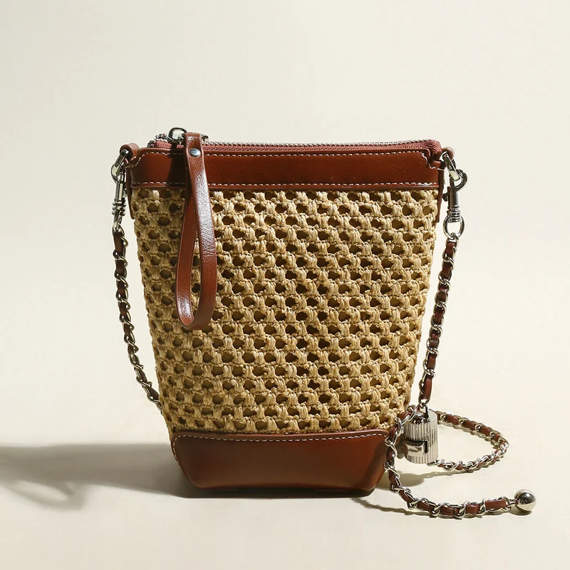 Rustic Rattan Brown Bucket Bag